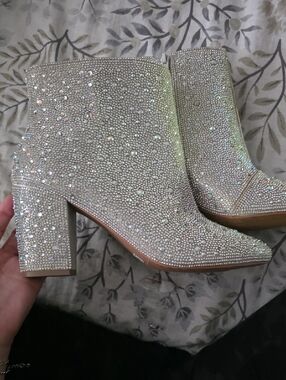 Betsey Johnson Crystal-Embellished Ivory Ankle Boots